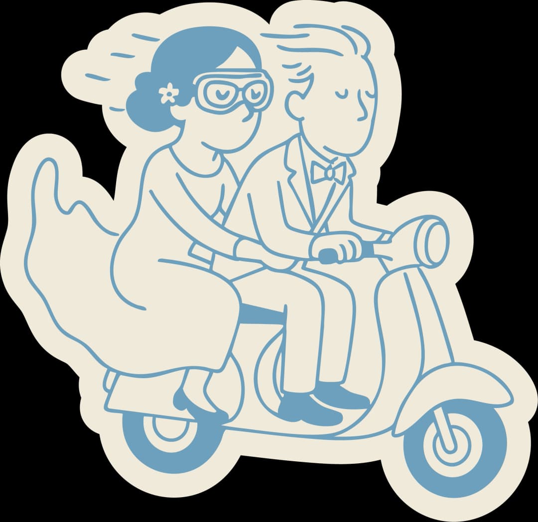 Ilustración de novios en vespa, estilo Bodina
